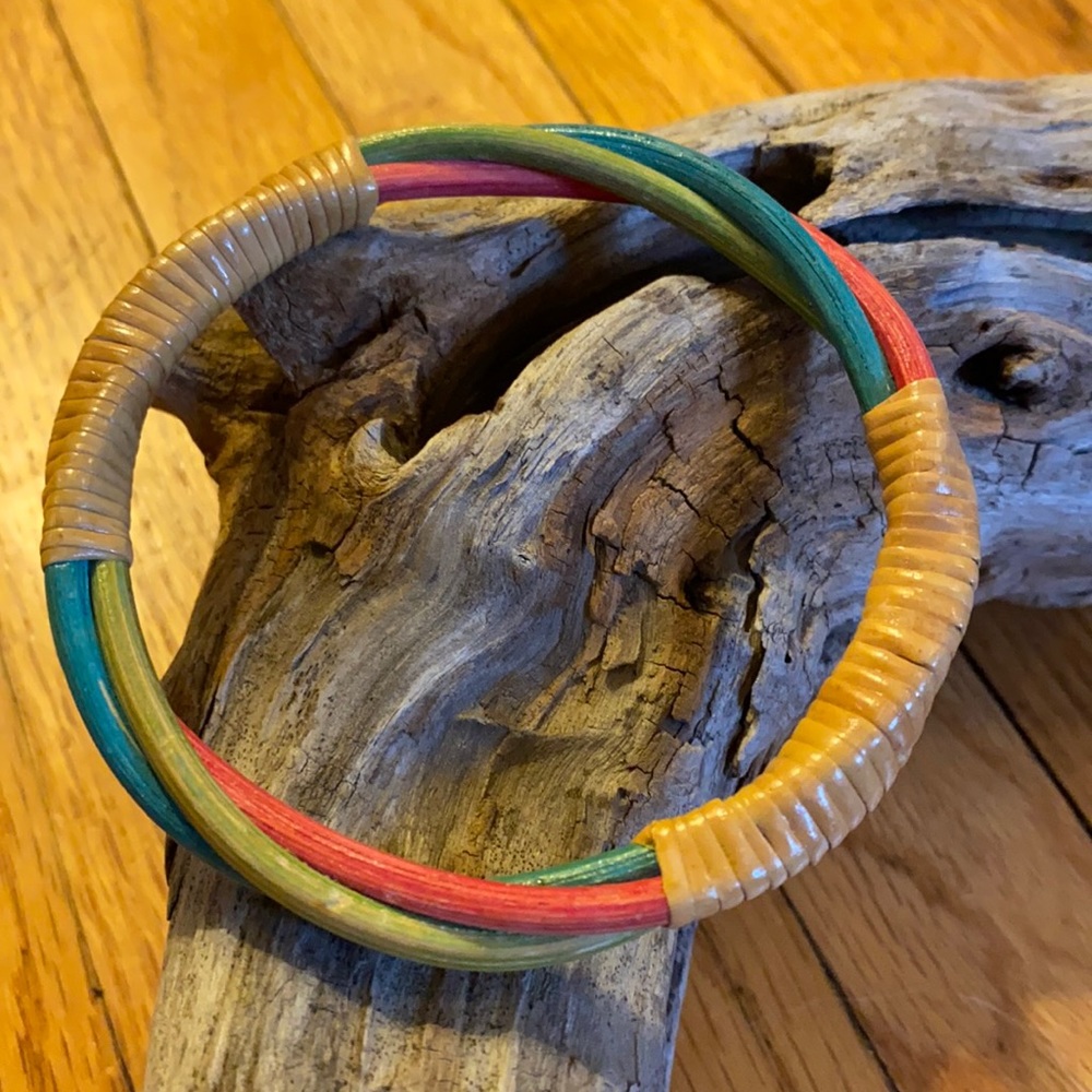 Vintage Wooden Bangle Bracelet, Woven Rattan Accents